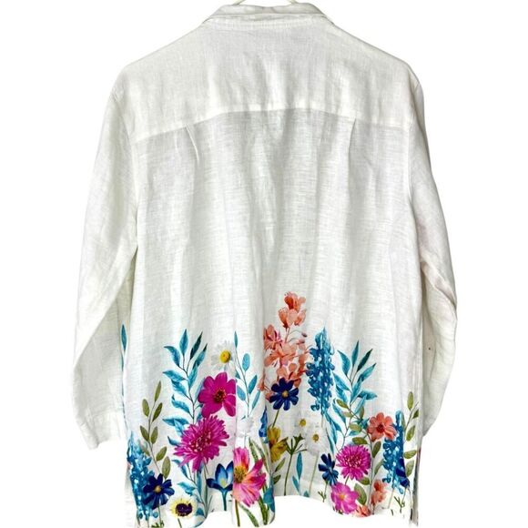 John Mark 100%‎ Linen Floral Border Wire Collar Button Front Size Large - Picture 5 of 12